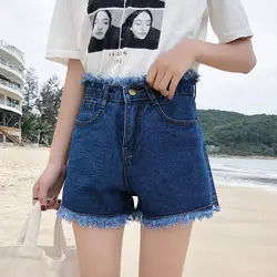 Женские летние джинсовые шорты с высокой талией, большие размеры, с карманами и кисточками, рваные джинсы, короткие женские шорты