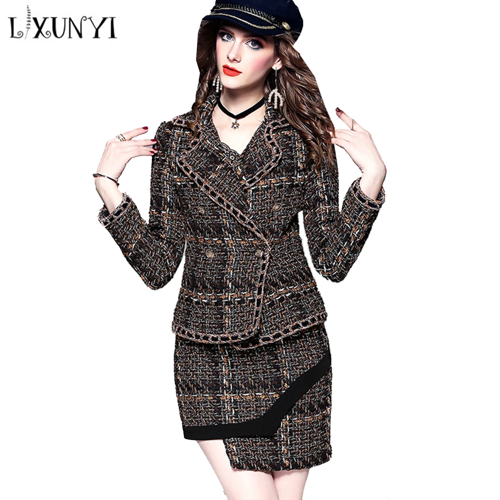 

LXUNYI 2018 Autumn Thick Tweed Skirt Set Two Piece Suit Womens Set Crop Top Jacket And Mini Skirt Set Casual Fashion Suit Runway