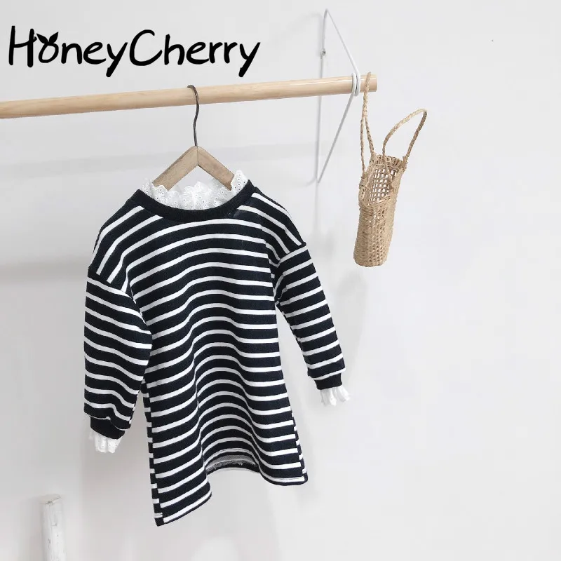 

2019 stripe lace collar and long sections loose Wei dress Party Dress For Kids Girl Toddler Flower Girl Dress