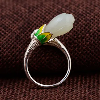 

FNJ 925 Sterling Silver Ring for Women Jewelry Natural Hetian Jade New Fashion 100% Pure S925 Silver Flower Ring Adjustable Size