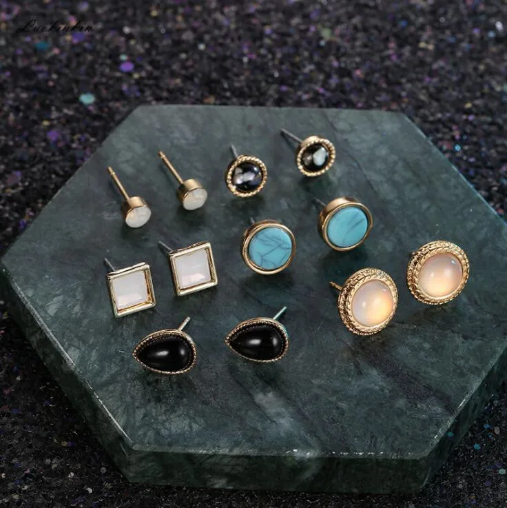 

rhinestone shell cat's eye stone stud earrings for Korean style new 2019 pendientes women fashion jewelry,six pairs in a box