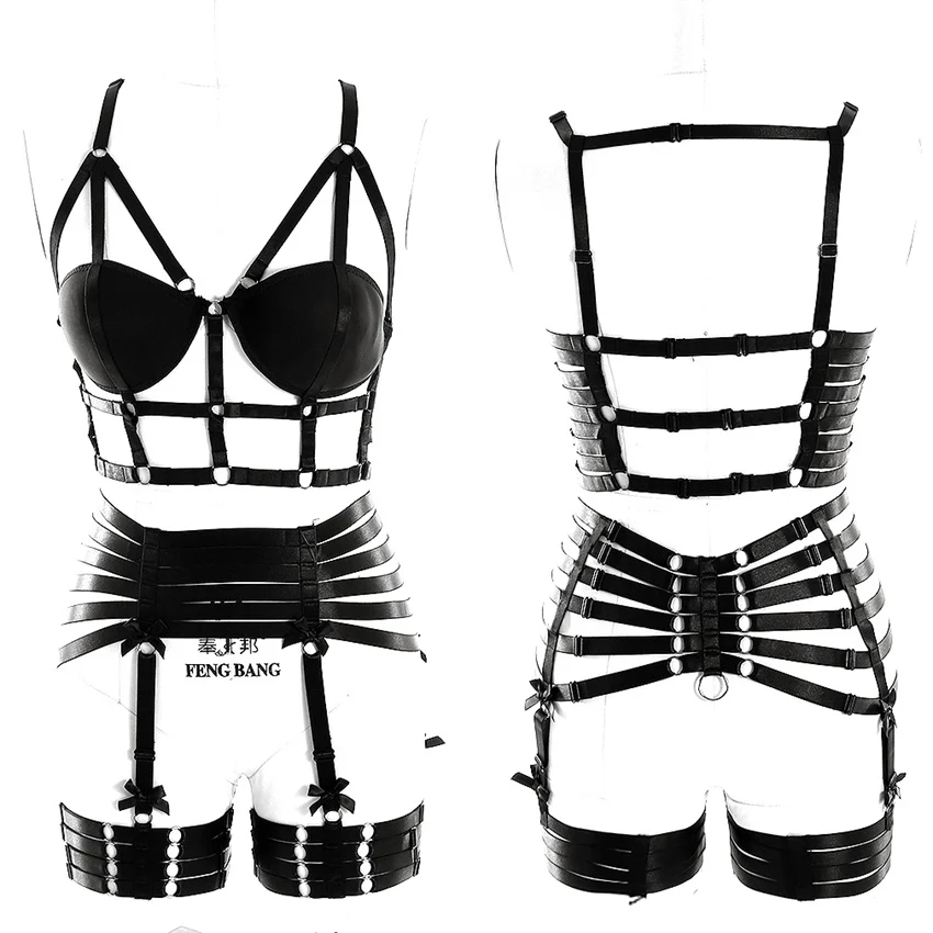 Women's Pentagram Body Harness & Garter Belt Set - Adjustable Strappy Gothic Punk Lingerie For Raves, Festivals & Halloween