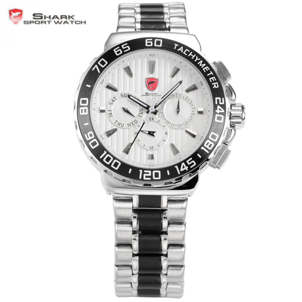 Blacknose Shark Sport Watch White Silver Stainless Steel Band Auto Date Day Waterproof Men's Sports Quartz Wrist Watches / SH381 Blacknose Shark Sport Watch White Silver Stainless Steel Band Auto Date Day Waterproof Men's Sports Quartz Wrist Watches / SH381