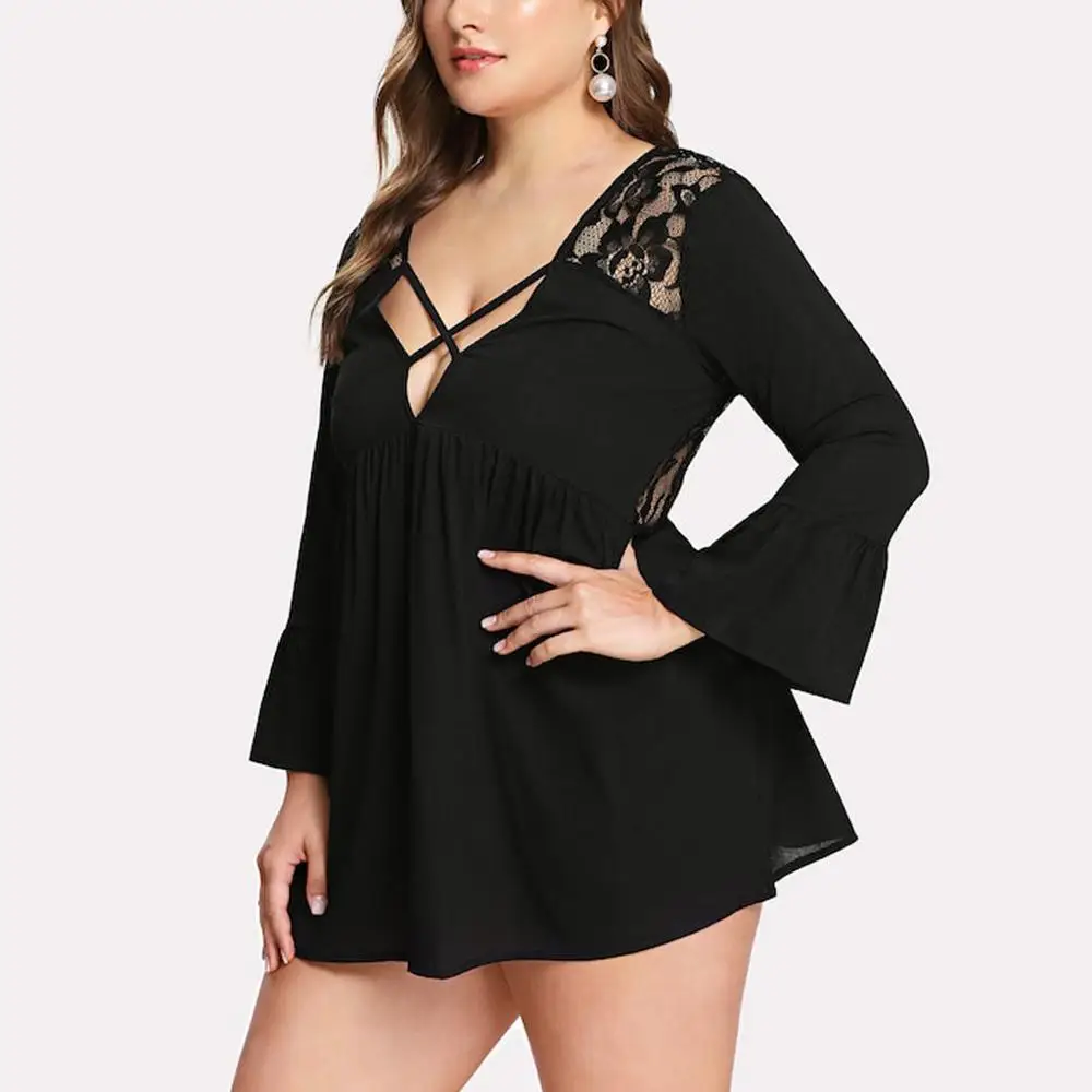 

2019 Womens Elegant Solid Plus Size Dress Cross Bandage V-Neck Lace Flare Sleeve Mini Summer Skater Dress Vestidos Mujer AD