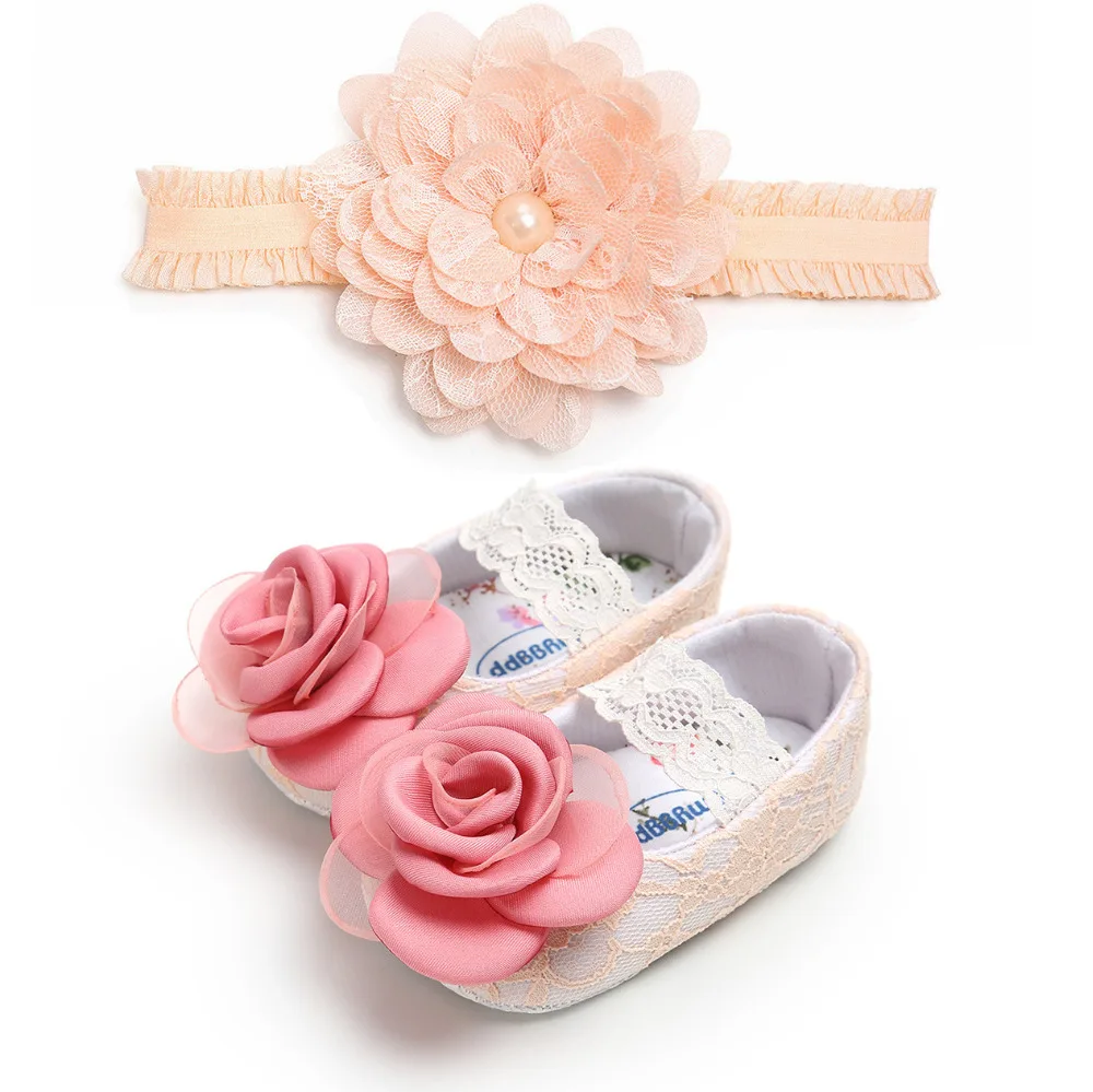 

Soft Sole Newborn Baby Girl Christening Shoes Baptism Lace Flower Baptism First Walkers Pink White + Headband Set