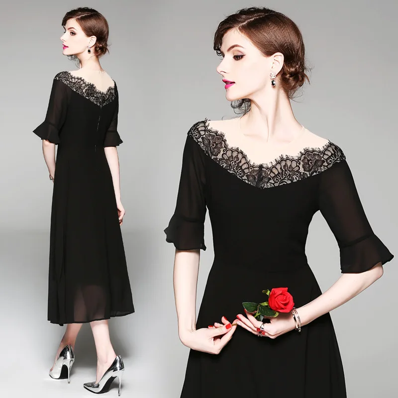 

Black Lace Chiffon Patchwork Tunic Maxi Dress Women Elegant Sexy Sweet Office Party Fashion Beach Dress Summer Sundress Clothing
