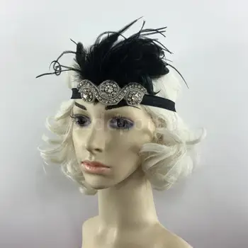 

Bridal Feather Headband Flapper Dress Costume Elastic Headpiece Black
