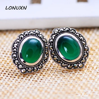 

1.6cm*1.3cm famous brand retro girls jewelry Earrings 925 Silver Marcasite Green chalcedony stud Earrings female girlfriend gift
