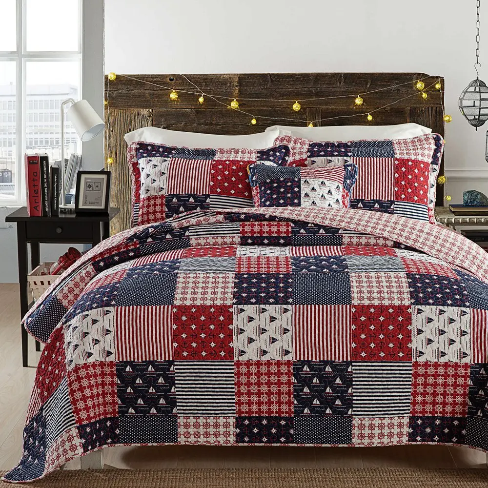 Fadfay Nautical Bedding Set Ocean Themed Patchwork Quilt Set Soft