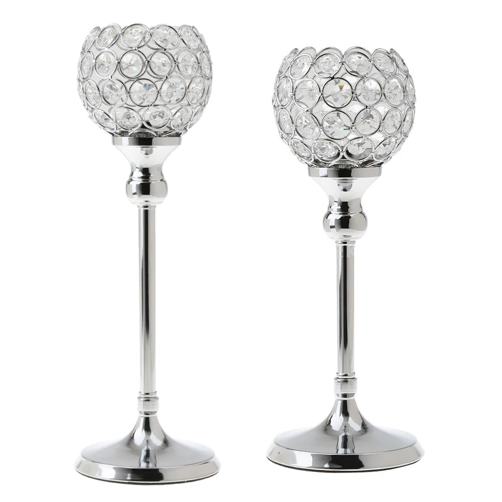 2Pcs Silver Globe Pillar Votive Candle Holder Wedding Banquet Centerpiece 35cm + 30cm