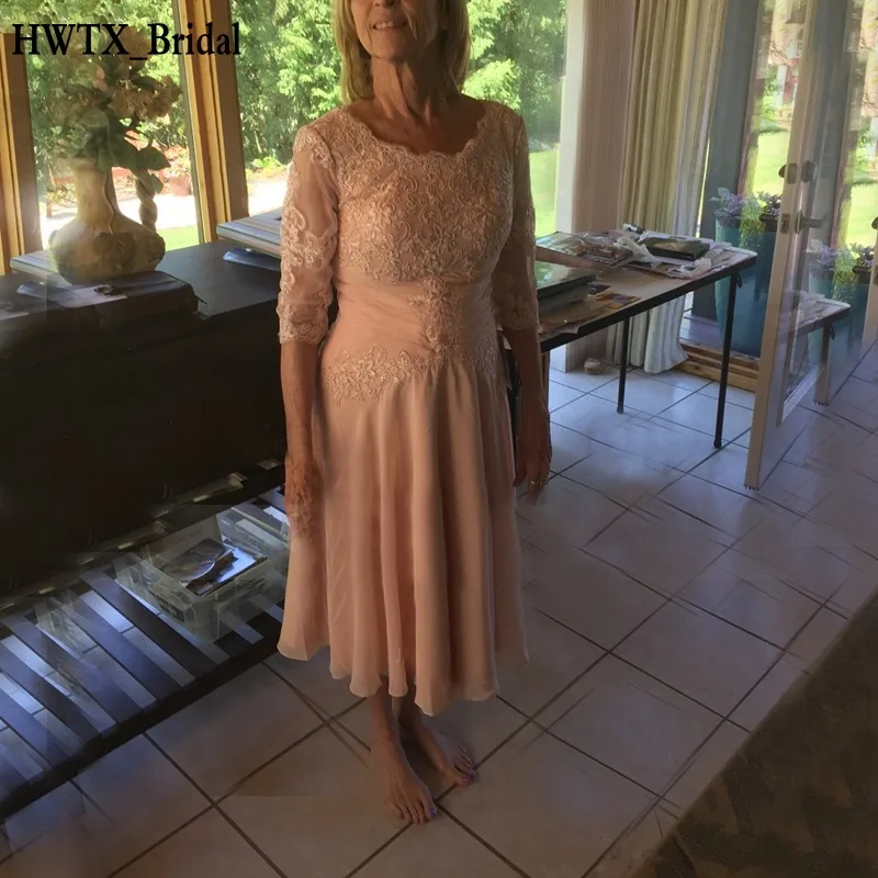 Champagne Vintage Lace Mother Of The Bride Dresses 1/2 Long Sleeve Chiffon Tea Length A Line