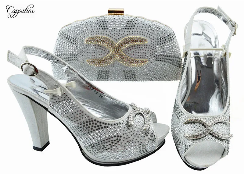 

Nice high heel shoes and evening bag set with rhinestones nice matching for evening dress JZS-03 in silver