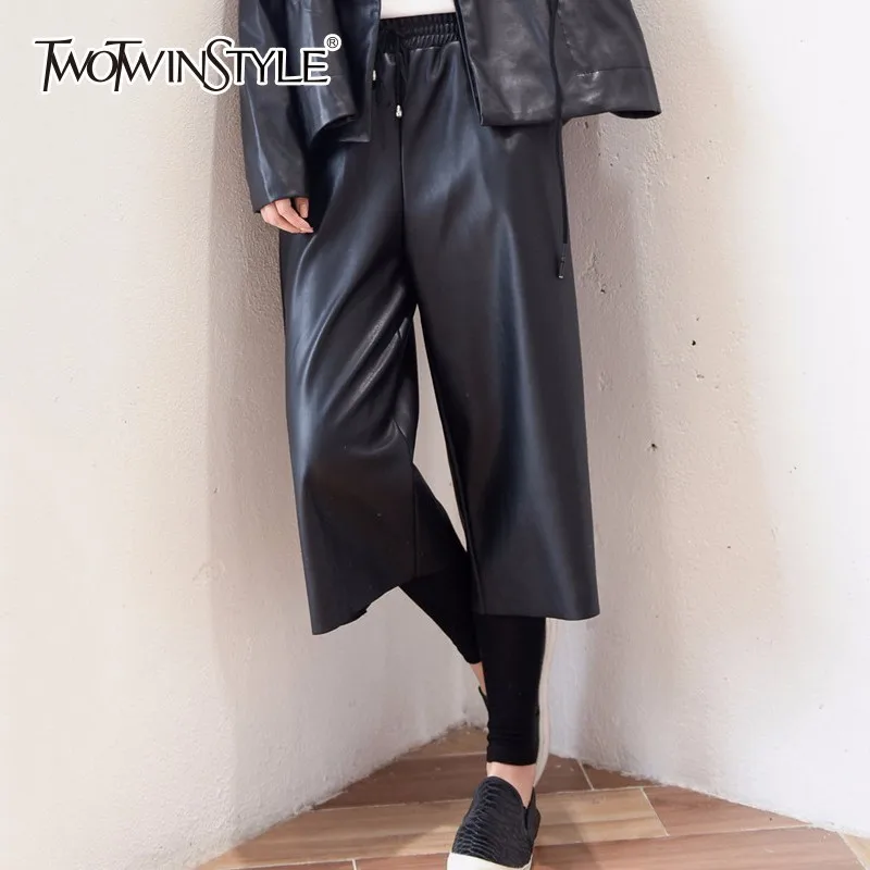 

TWOTWINSTYLE PU Leather Wide Leg Pants Female Elastic High Waist Ankle Length Trouser Autumn Winter Women Big Size Fashion Tide