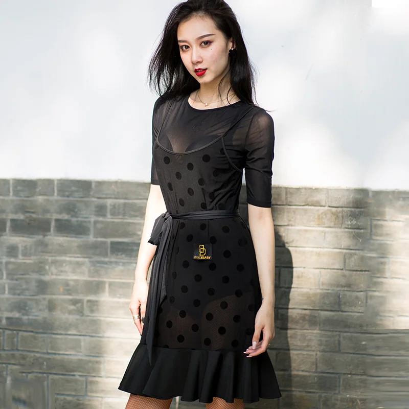 

Black Dot Latin Dance Dress Summer New Female High Quality Mesh Milk Fiber Two-Piece Suit For Ballroom Practice Clothes DWY1928