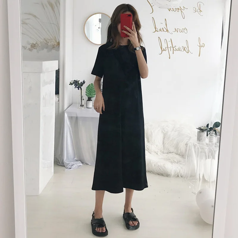 

2 Colors Mihoshop Ulzzang Korean Korea Women Fashion Clothing Round Neck Basic Pure Color Long Black Dress