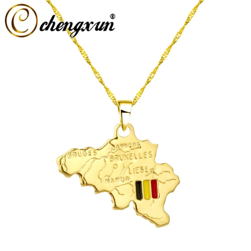 

CHENGXUN Vintage Belgium Map Pendant Necklace Men Women Drip Oil Belgium Flag European Style Jewelry Wholesale National Gift