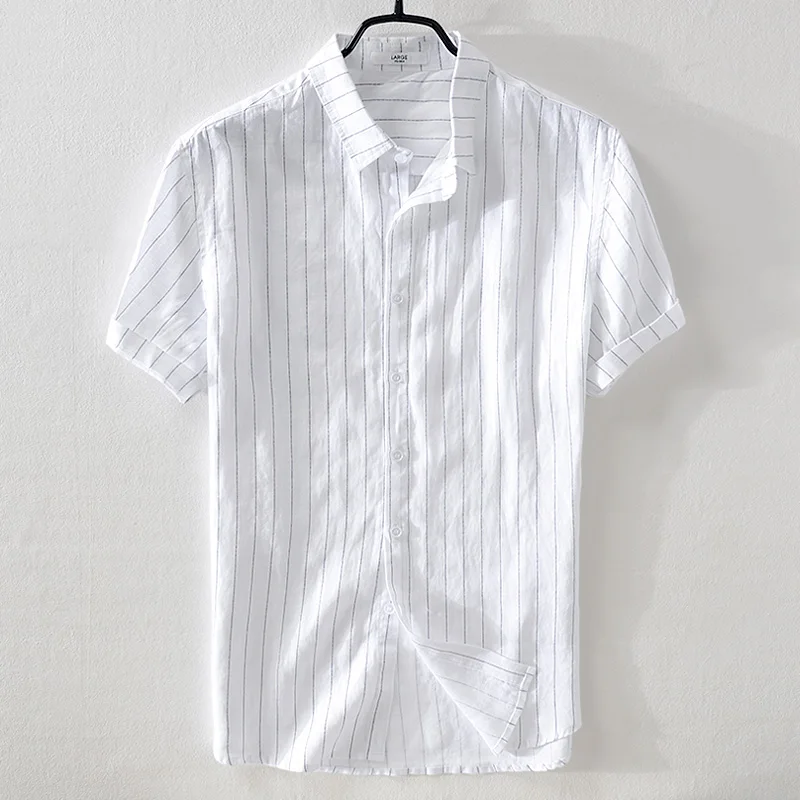 Новинка, брендовая Мужская льняная рубашка в полоску с коротким рукавом, свободная повседневная льняная рубашка, Мужская M-3XL, летняя белая рубашка для мужчин