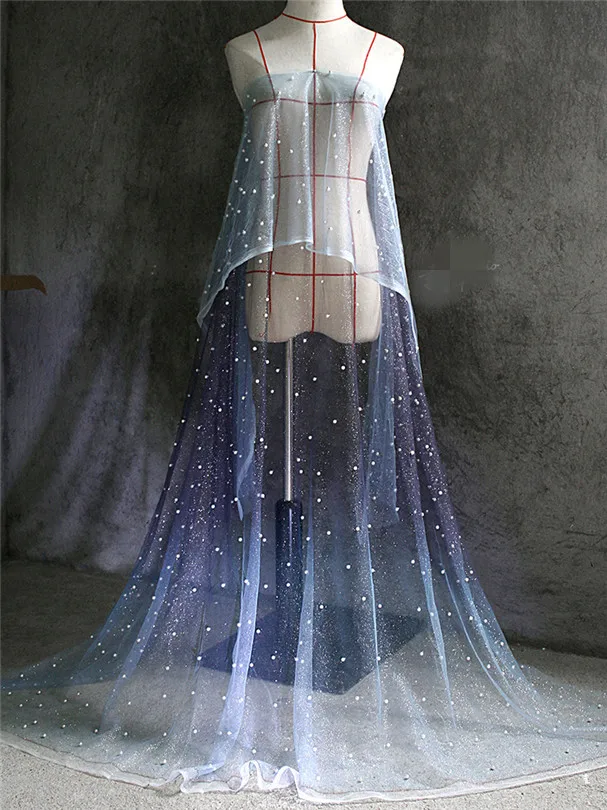

45cm*150cm/piece [eyes of the stars] blue gradient beading, silver and gold designer fabric, star skirt background, women's clot
