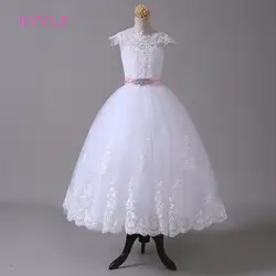 2019 г. Белые Платья с цветочным узором для девочек на свадьбу, бальное платье с рукавами-крылышками, кружевные платья с бантом для первого