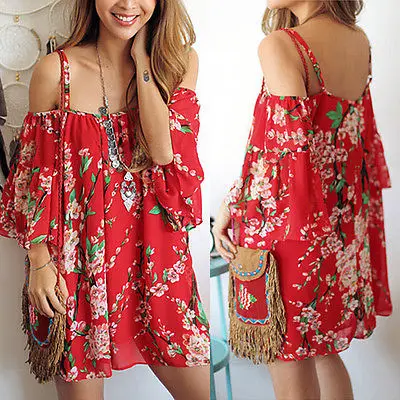

2017 Sexy Women Beach Floral Print Off Shoulder Sexy Sundress Summer Women Beachwear Cover-Ups Evening Party Short Mini Dress