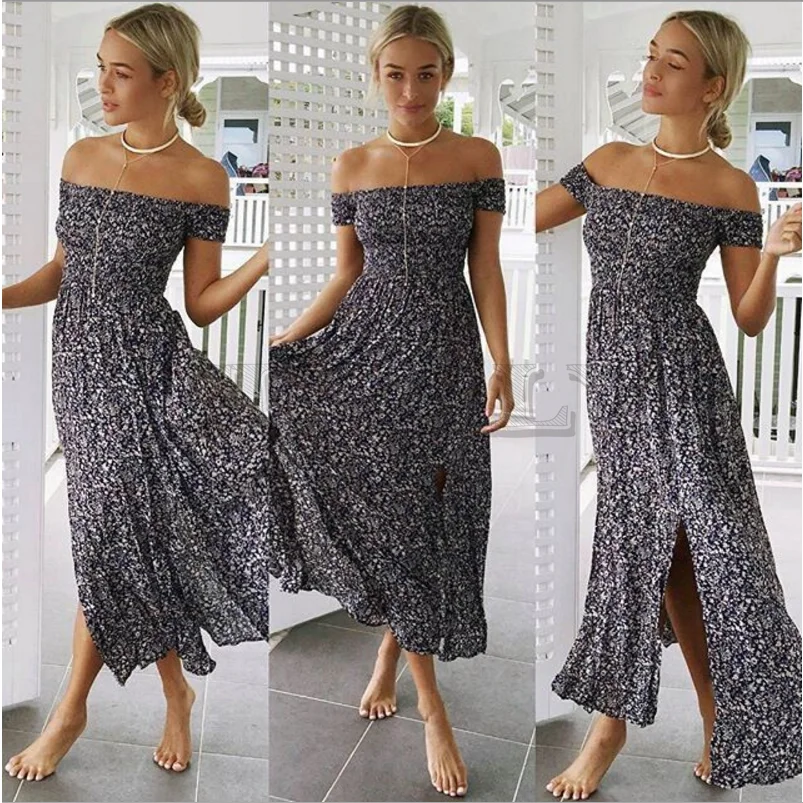 Image CUERLY Neck Boho Maxi Dress Summer 2019 Women Elegant Short Sleeve Casual Red Dress Loose Women Clothes Sexy Long Dresses CUERLY