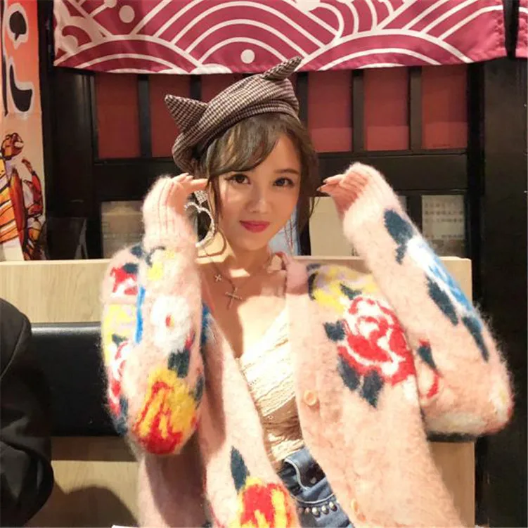 F0922 Haimao Chart Cardigan See Ma Jacquard Roses Manteau Femelle Lâche Tricoté Nouvelle 0PwOCqzx