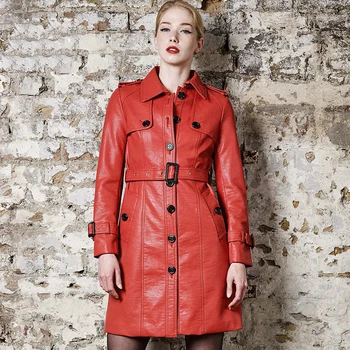 

Adjusted belt single breasted new 2019 autumn winter medium-long leather trench coat women slim long-sleeve faux leather jacket