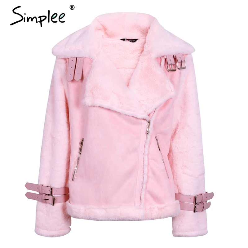 Женская шуба Simplee из искусственного меха, замшевая куртка из кожи ягненка, повседневная мотоциклетная куртка с отворотом на молнии, для зимы - Цвет: Розовый