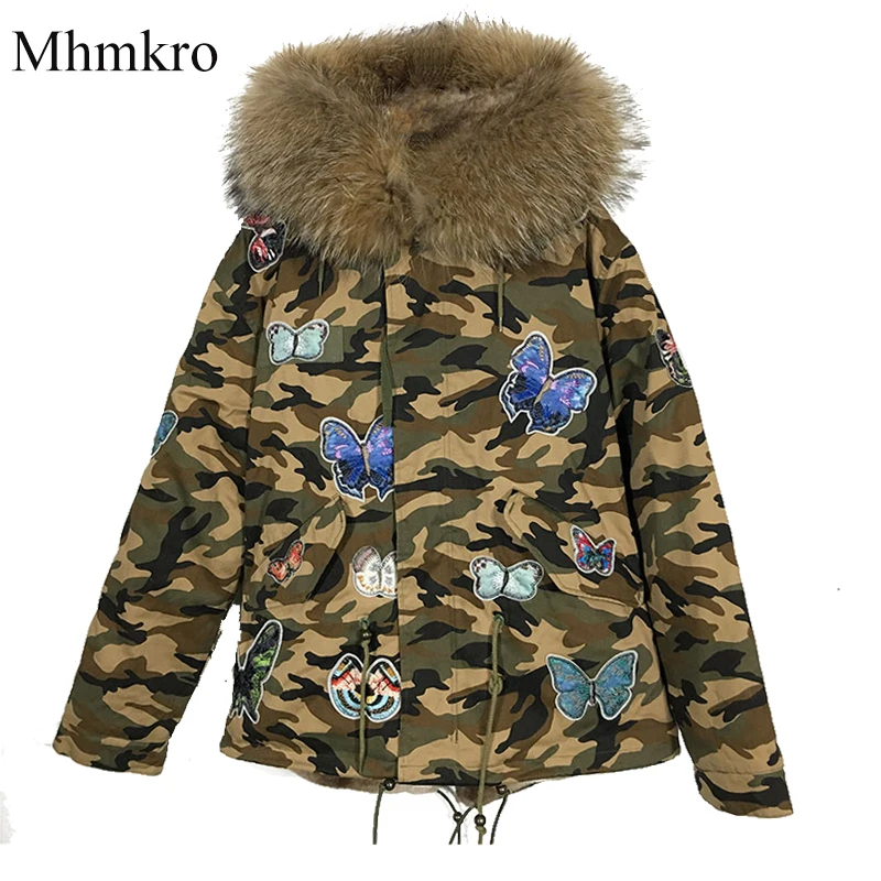 

Camouflage printed natural stripe fur lined jacket winter aw18 design raccoon hoodies short length family design
