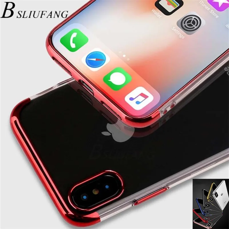 

BSLIUFANG Luxury Silicone Clear Case for iPhone X XS Max XR TPU Soft Plating Frame Transparent Back Cover for iPhone 7 8 6S Plus