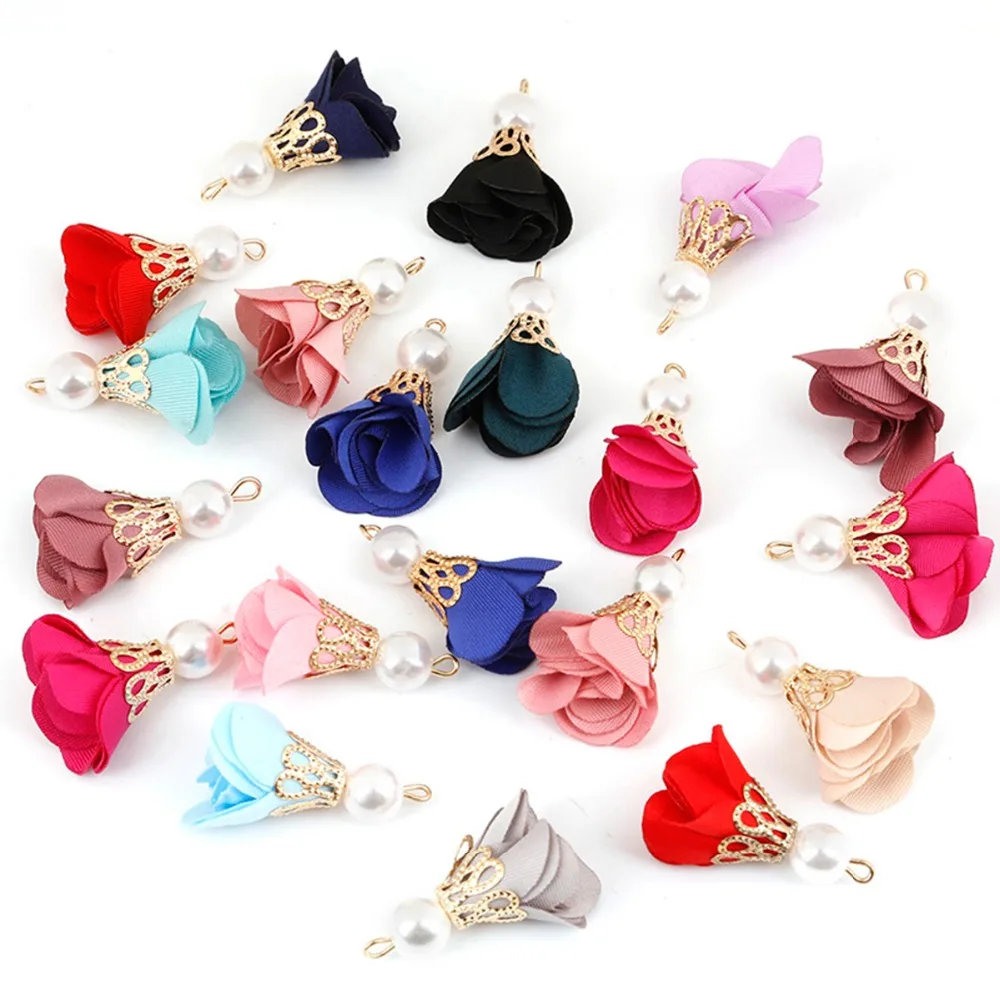 

Fashion Tassel Char Plated gold Pearl Plain Fabric Flower for DIY Earring Necklace Bracelet Jewelry Making Findings 10pcs 30mm