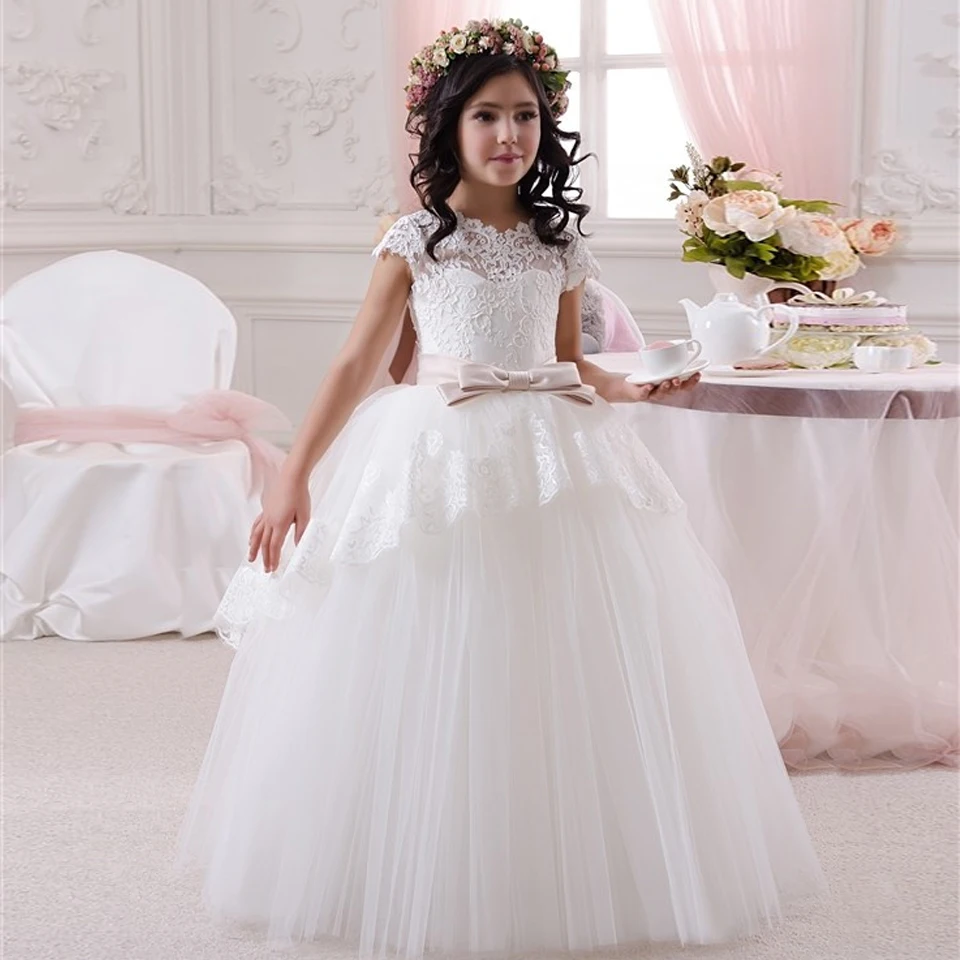 Satin White Dresses V Neck And Ankle length Pageant Dresses for Little ...