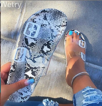 

Clear shoes2019 new summer open toe belt buckle flat slippers ladies Snake shallow casual beach Slide woman shoes