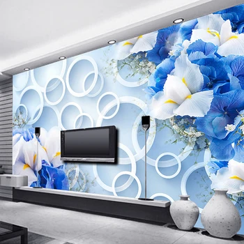 

Custom Photo Wall Paper Modern Fashion 3D Circles Blue Floral TV Background Mural Non-woven Fabric Wallpaper For Bedroom Walls