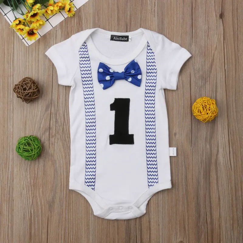 USA Baby Boy My First 1st Birthday Party Gentleman Bow Romper Jumpsuit Outfits