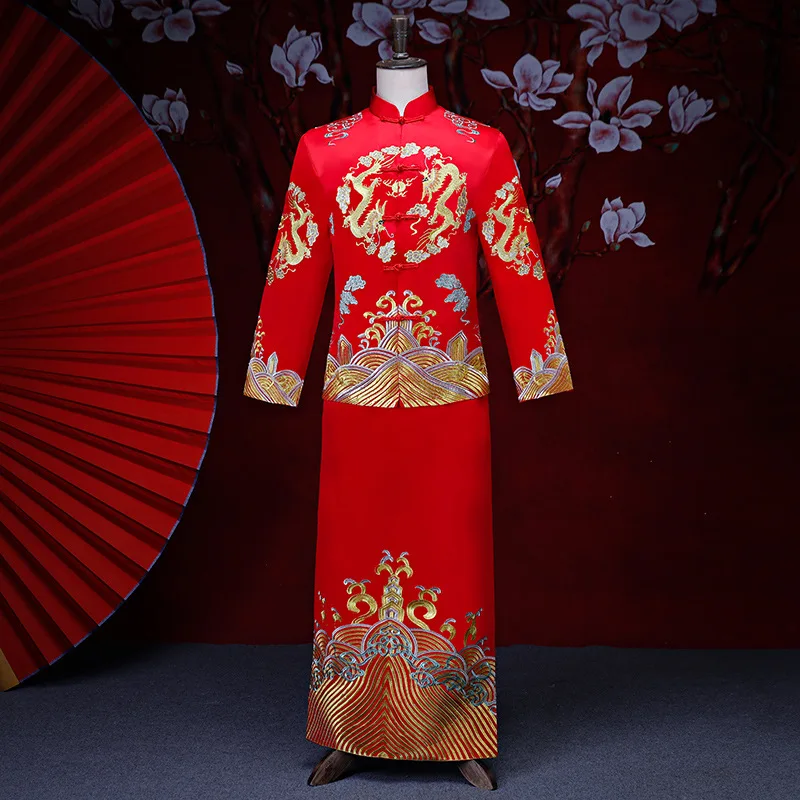 Шт. 2 шт. красный за рубежом китайский Жених древняя свадьба длинный халат платье для мужчин дракон Сучжоу вышивка костюм тост одежда