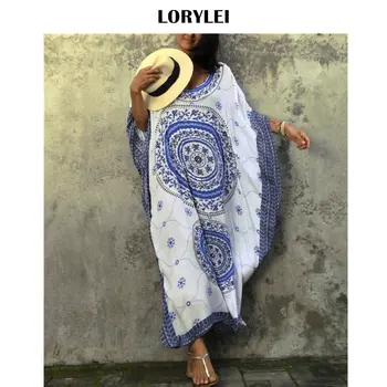 

Oversize Indie Folk Printed Caftan Beach Dress Plus Size Side Split Half Sleeve Women Summer Beachwear Long Cotton Robe de plage
