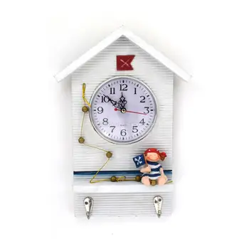 

HDF Distressed Wood House Wall Clock Quartz Watch Crafts Mediterranean Style Chic Timepiece With 2 Hooks Handicrafts Home Decor