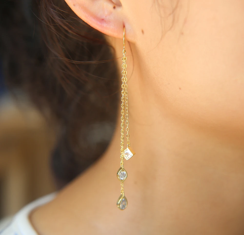 

Sparking bling Dazzling Geometric bezel cz charm gold tassel chain elegant fashion women lady long chain dangle earring