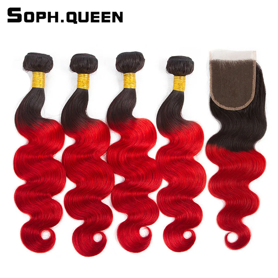 Soph queen Hair Pre Colored Peruvian T1B/39J 4 Bundles With Closure 100