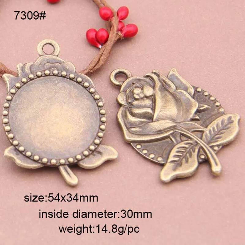  10pcs/lot Alloy Retro Rose Necklace Pendant Setting Cabochon Cameo Base Tray Bezel Blank Fit 30mm Glass Cabochon