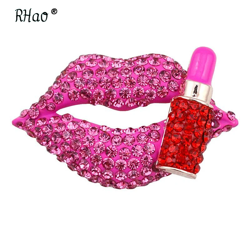 

RHao Sexy Red Crystal Lips Brooches Enamel Lipstick pins women ladies Sexy Mouth corsage scarf buckles clothes clips jewelry