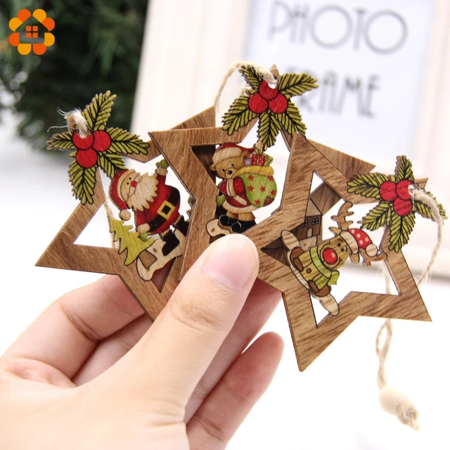 4PCS Christmas Star Wooden Pendants Ornaments Xmas Tree Ornament DIY Wood Crafts Kids Gift for Home Christmas Party Decorations 2