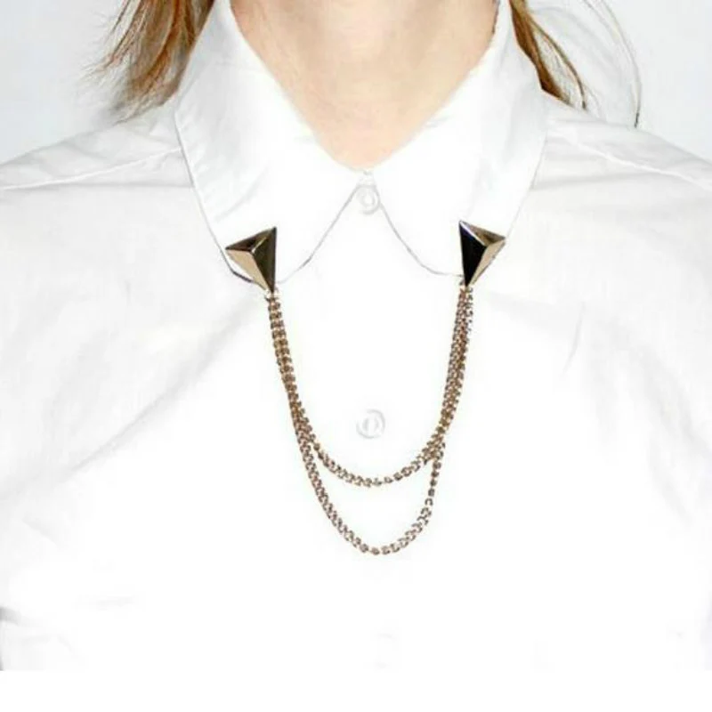 

1pcs Women Classic Gold Spike Triangle Stud Blouse Shirts Collar Clip Neck Tip Brooch Pin Chain Punk