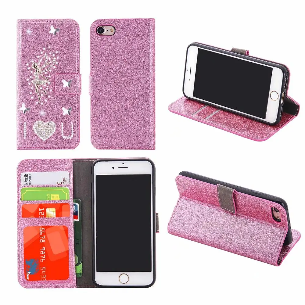 

Bling Glitter Diamond Love Girl Flip Leather Wallet Card Phone Case For iPhone X XS MAX XR 8 7 6 6s plus
