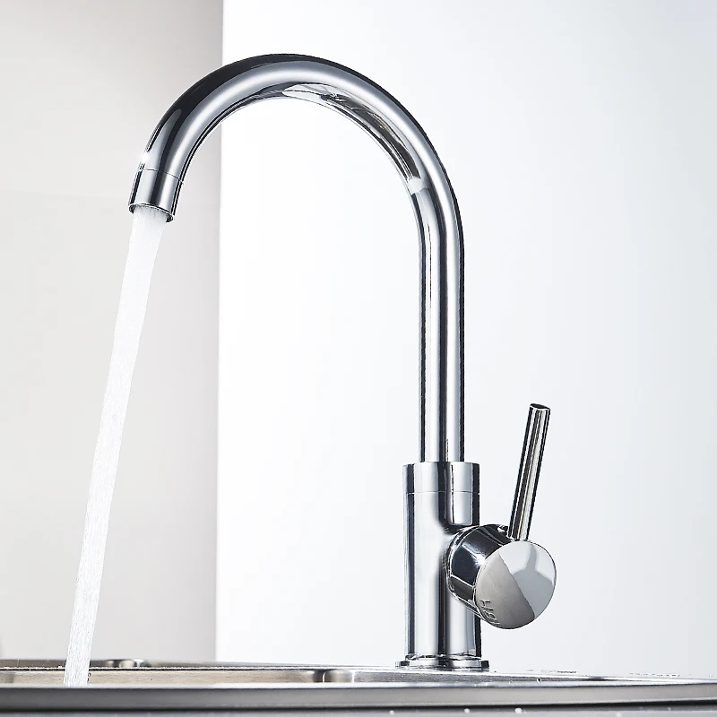 Fapully Kitchen Faucet Mixer Taps Deck Mounted Polished Chrome Brass Single Hole Sink 360 Degree Rotation Contemporary Vessel