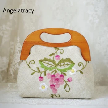 

Angelatracy Handmade Grape Embroidery Handbag Grape Flowers Bag Vintage Women Crossbody Bags Floral Embroidery Clutch Fruits