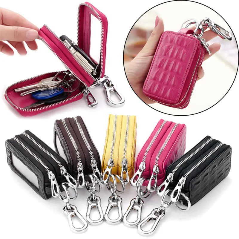

Carkey Double Zippers Women Men's Multi-functionl Genuine Leather Bag Key Holder Keyrings Change Coin Purse Wallet LXX9