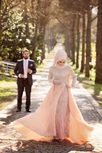 OumeiyaW0248 high neck full long sleeve heavy beaded lace hijab vestidos de noivas long sleeve muslim wedding dress