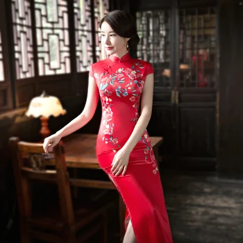 

SHENG COCO 5XL 4XL Large Size Red Long Evening Satin Dresses Cheongsam Chinese Red Qipao Robe Vestido De Noche Married Dress